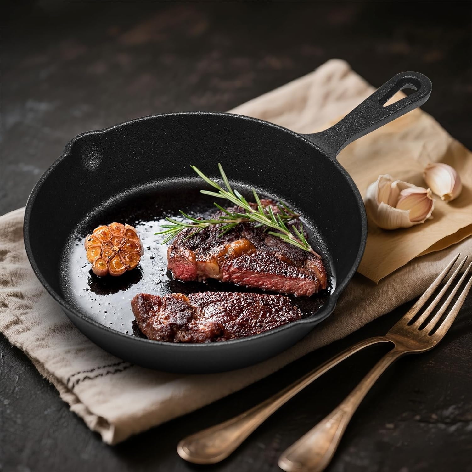 image:imageHeavyDuty Cast Iron Skillet Set Durable Frying Pans for Stove and 5Piece Stainless Steel Flatware Set MirrorFinish Silverware Place Setting for 1 Knife 2 Forks amp 2 Spoons Dishwasher Safe