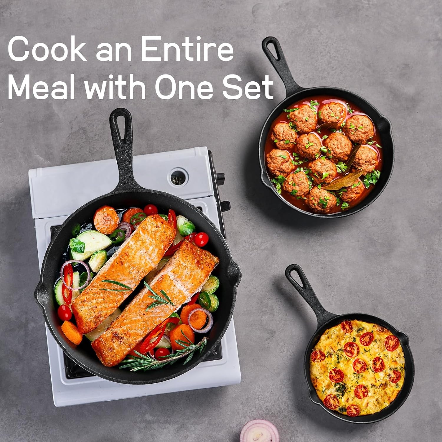 image:imageHeavyDuty Cast Iron Skillet Set Durable Frying Pans for Stove and 5Piece Stainless Steel Flatware Set MirrorFinish Silverware Place Setting for 1 Knife 2 Forks amp 2 Spoons Dishwasher Safe