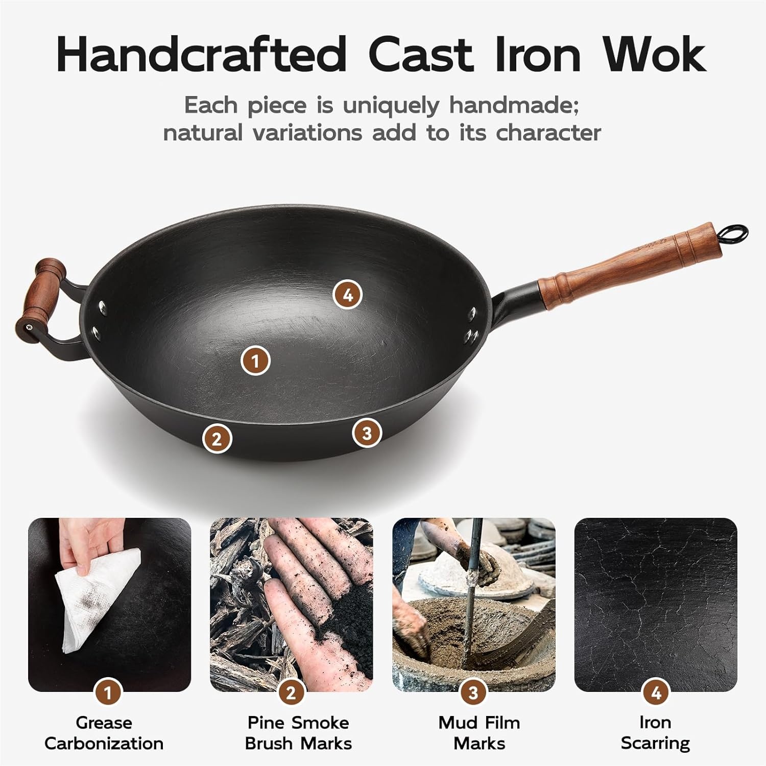 image:imageWANGYUANJI 102 Inch Cast Iron Wok with Lid134 ChemicalFree Iron Wok with Lid and Iron Spatula