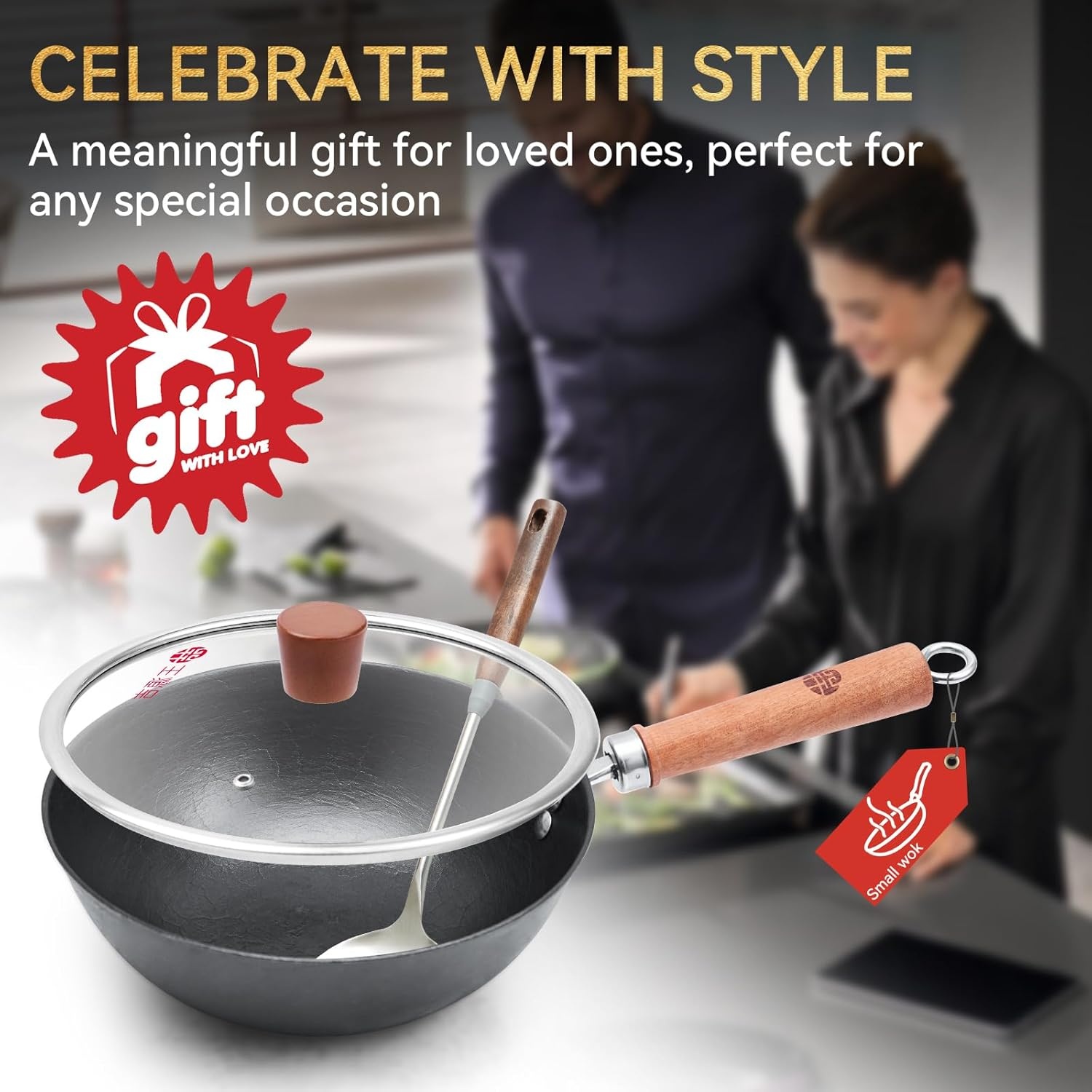image:imageWANGYUANJI 102 Inch Cast Iron Wok with Lid134 ChemicalFree Iron Wok with Lid and Iron Spatula
