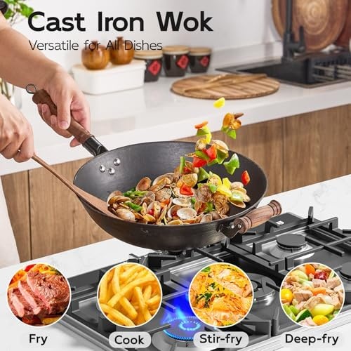 image:imageWANGYUANJI 102 Inch Cast Iron Wok with Lid134 ChemicalFree Iron Wok with Lid and Iron Spatula