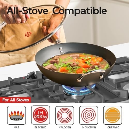 image:imageWANGYUANJI 102 Inch Cast Iron Wok with Lid134 FlatBottom Iron Wok with Glass Lid Uncoated StirFry Pan