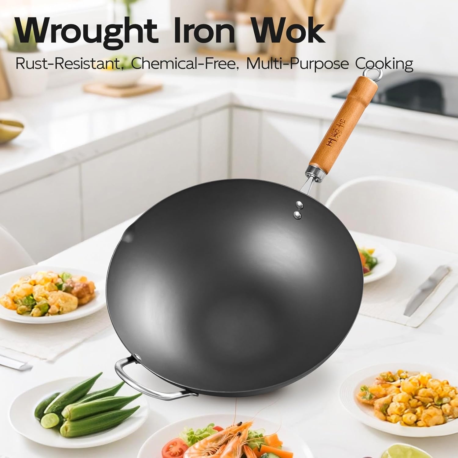 image:imageWANGYUANJI 102 Inch Cast Iron Wok with Lid134 FlatBottom Iron Wok with Glass Lid Uncoated StirFry Pan