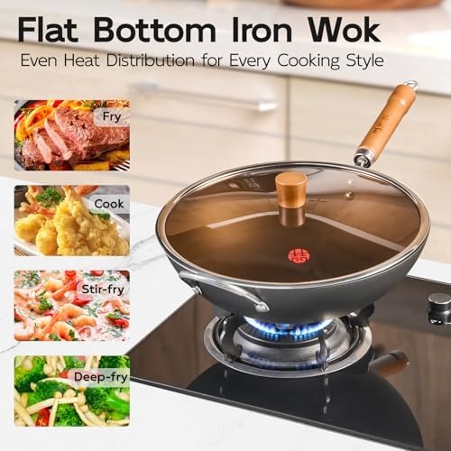 image:imageWANGYUANJI 102 Inch Cast Iron Wok with Lid134 FlatBottom Iron Wok with Glass Lid Uncoated StirFry Pan
