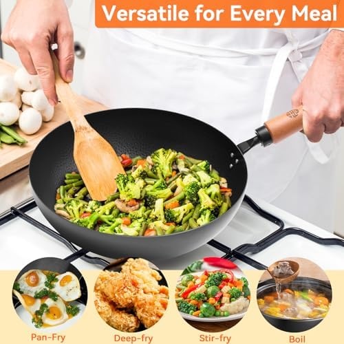 image:imageWANGYUANJI 11 Iron Skillet with Glass Lid amp Griddle Spatula FlatBottom Frying Pan126 Chinese Flat Bottom Wok