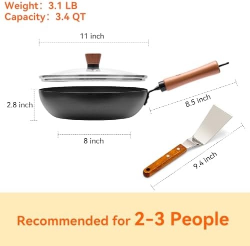 image:imageWANGYUANJI 11 Iron Skillet with Glass Lid amp Griddle Spatula FlatBottom Frying Pan126 Chinese Flat Bottom Wok