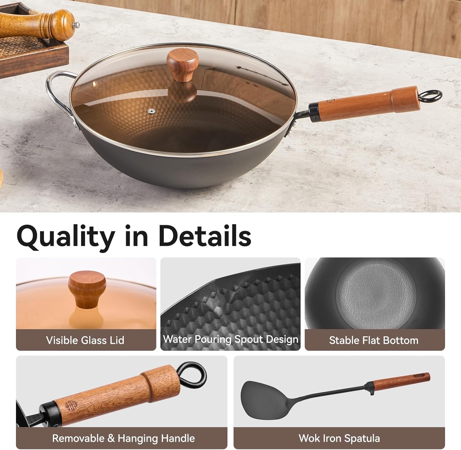 image:imageWANGYUANJI 11 Iron Skillet with Glass Lid amp Griddle Spatula FlatBottom Frying Pan126 Iron Wok with Lid and Iron Spatula