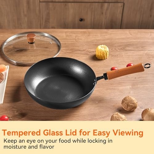 image:imageWANGYUANJI 11 Iron Skillet with Glass Lid amp Griddle Spatula FlatBottom Frying Pan126 Iron Wok with Lid and Iron Spatula