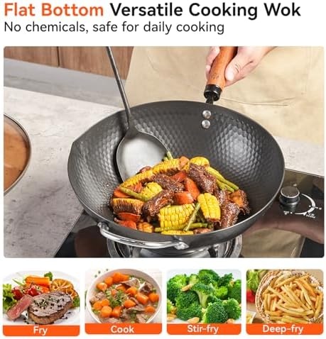 image:imageWANGYUANJI 11 Iron Skillet with Glass Lid amp Griddle Spatula FlatBottom Frying Pan126 Iron Wok with Lid and Iron Spatula