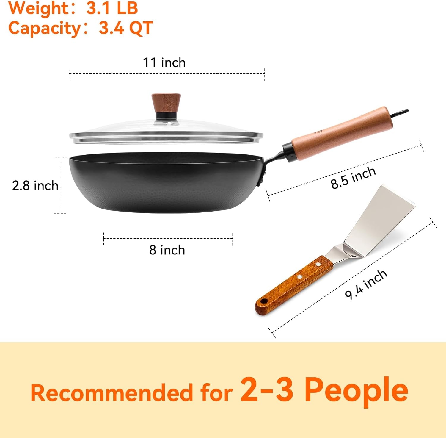 image:imageWANGYUANJI 11 Iron Skillet with Glass Lid amp Griddle Spatula FlatBottom Frying Pan134 Flat Bottom Wok