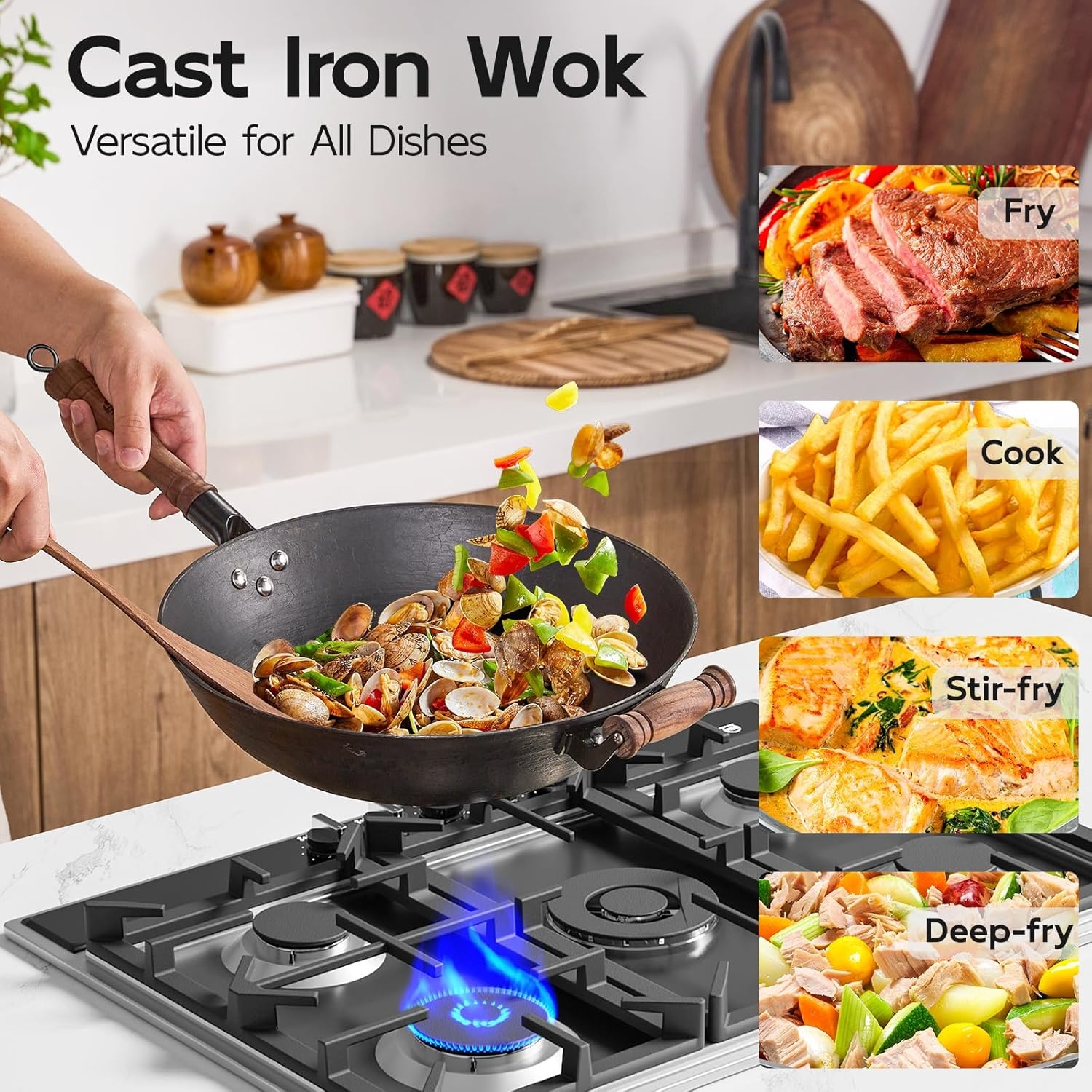 image:imageWANGYUANJI 11 Iron Skillet with Glass Lid amp Griddle Spatula FlatBottom Frying Pan134 Flat Bottom Wok