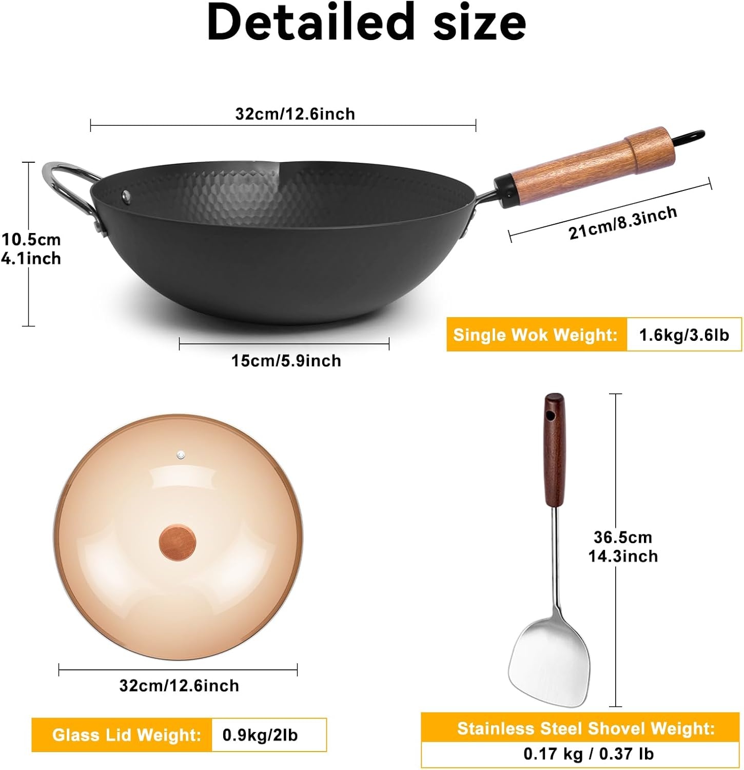 image:imageWANGYUANJI 126 Wok with Lid Flat Bottom Nonstick Wok Pan and 5Piece Stainless Steel Flatware Set MirrorFinish Silverware Place