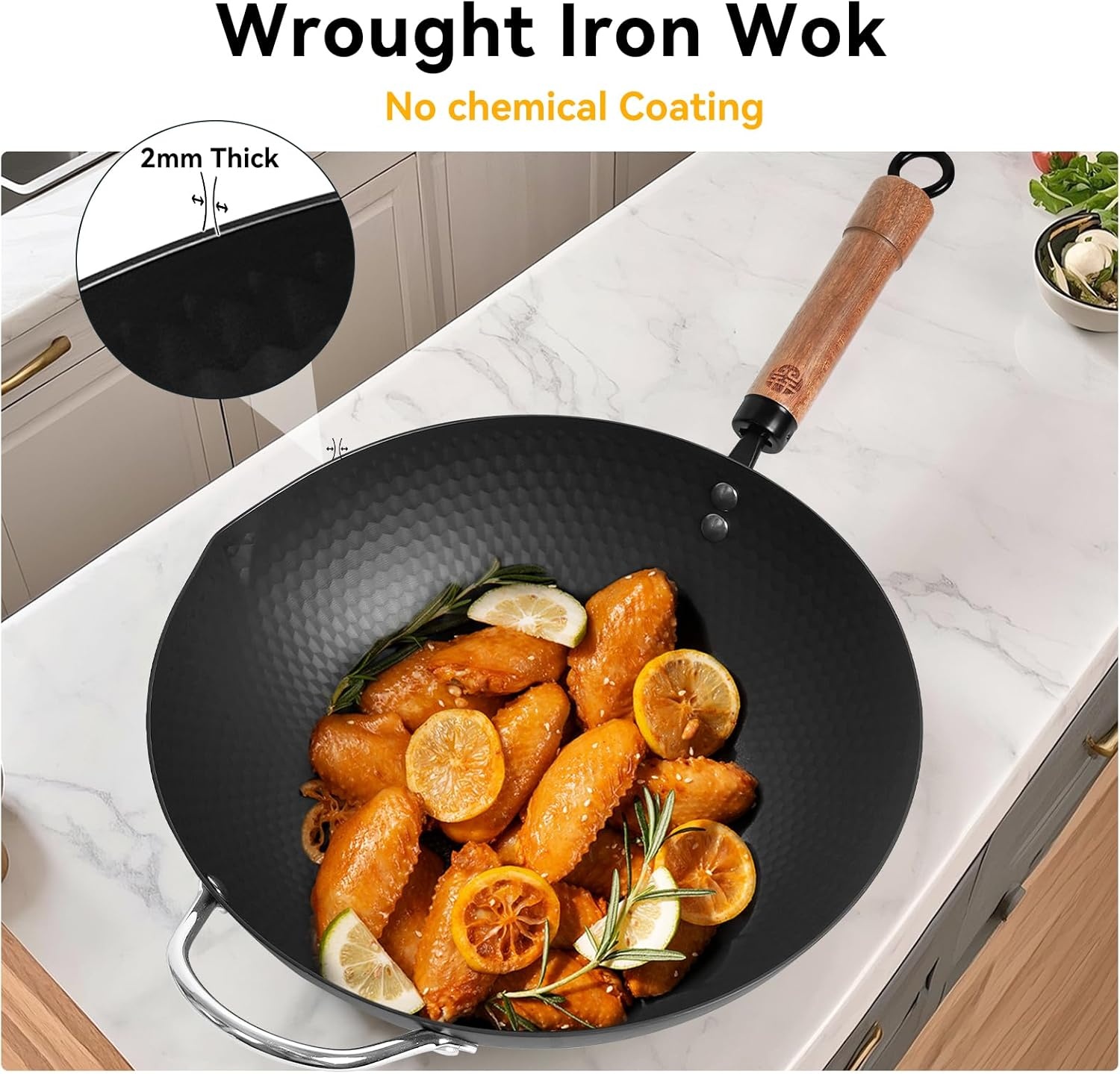 image:imageWANGYUANJI 126 Wok with Lid Flat Bottom Nonstick Wok Pan and 5Piece Stainless Steel Flatware Set MirrorFinish Silverware Place