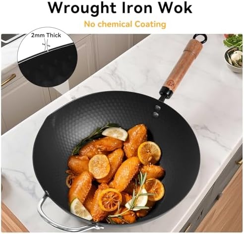 image:imageWANGYUANJI 126 Wok with Lid Flat Bottom Nonstick Wok Pan for Induction Cooktop and 71 Inch Hammered Cast Iron Saucepan with Glass Lid