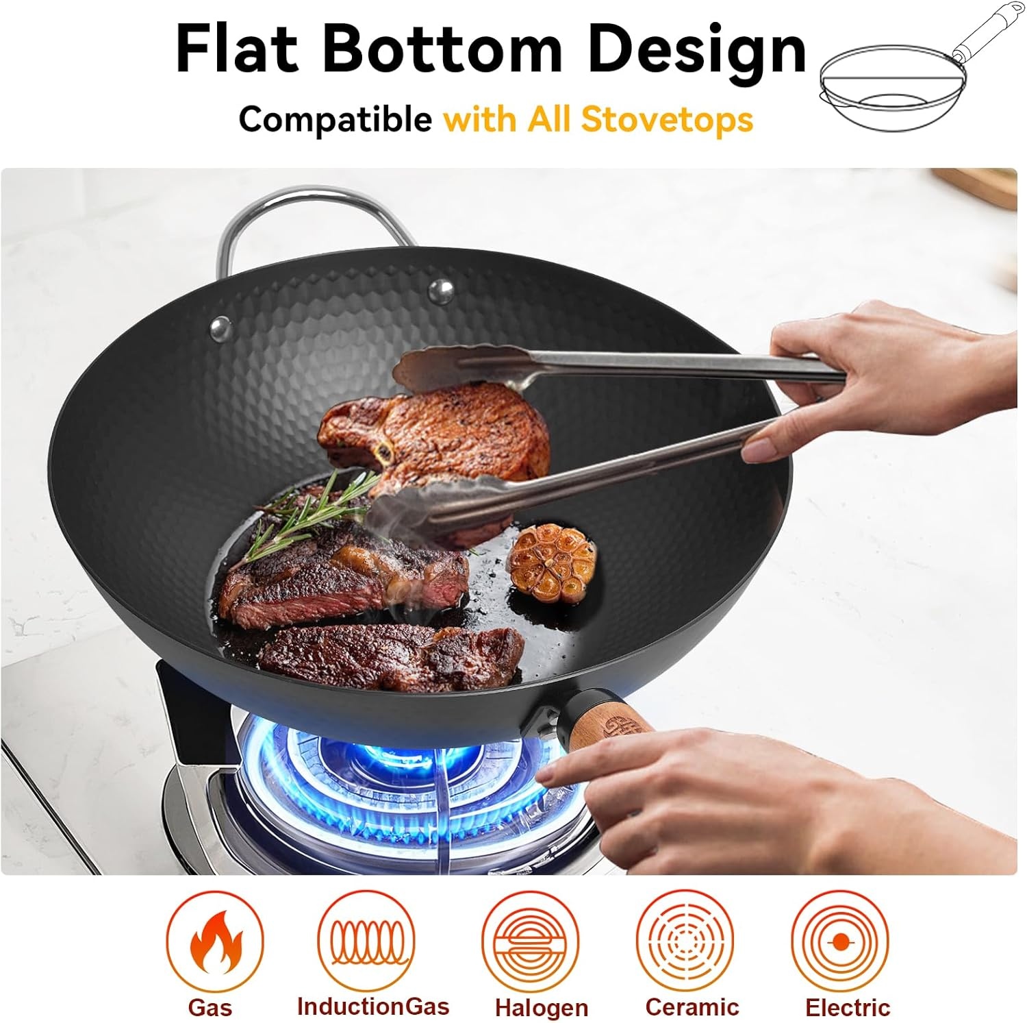 image:imageWANGYUANJI 126 Wok with Lid Flat Bottom Nonstick Wok Pan for Induction Cooktop and 71 Inch Hammered Cast Iron Saucepan with Glass Lid