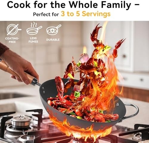 image:imageWANGYUANJI 126 Wok with Lid Flat Bottom Nonstick Wok Pan for Induction Cooktop and 71 Inch Hammered Cast Iron Saucepan with Glass Lid