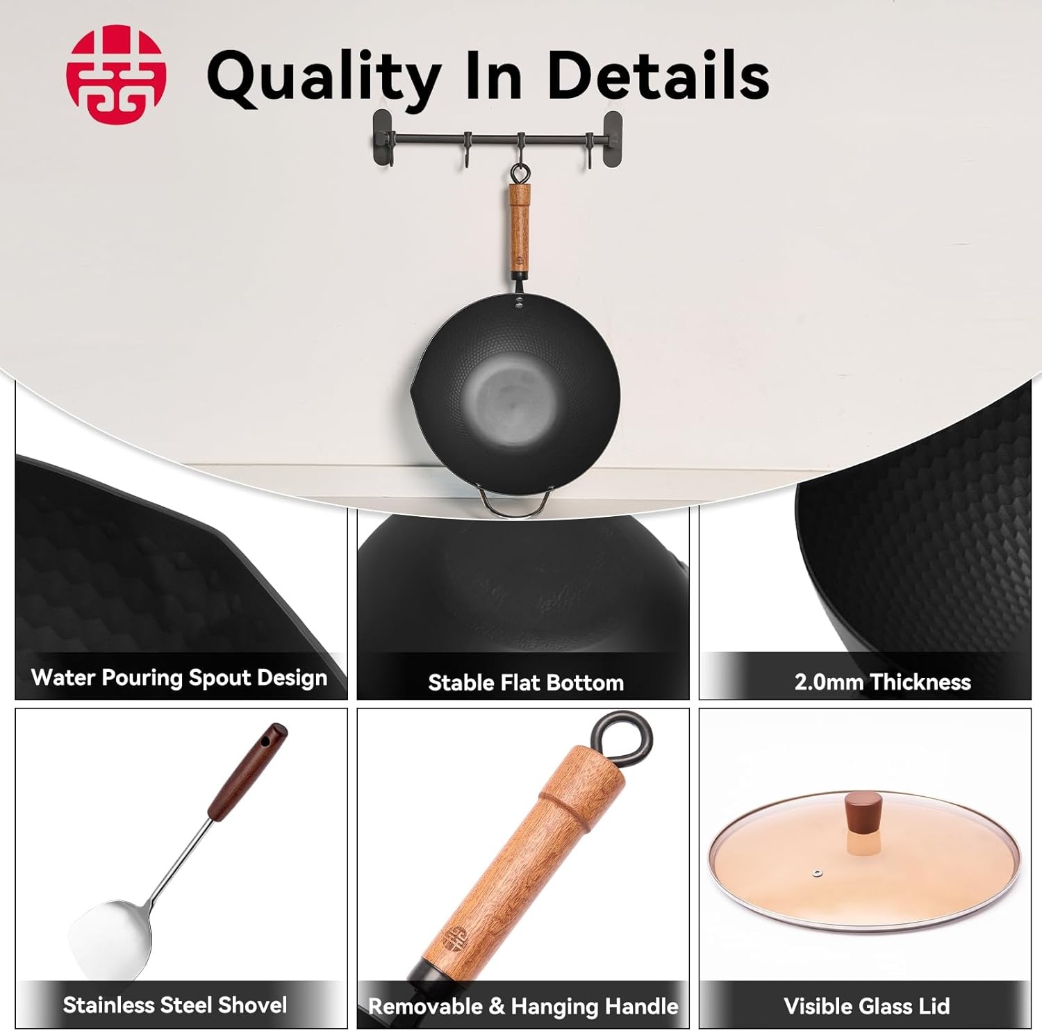 image:imageWANGYUANJI 126 Wok with Lid Flat Bottom Nonstick Wok Pan for Induction Cooktop and 71 Inch Hammered Cast Iron Saucepan with Glass Lid