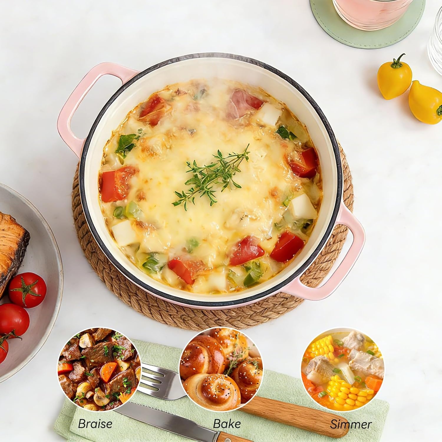 image:imageWANGYUANJI 33 Quart Enameled Cast Iron Dutch Oven with Lid 87Inch HeavyDuty Casserole amp Braiser Pan ThickWall Construction Silver Stainless Steel Knob Gradient Pink Safe for All Cooktops