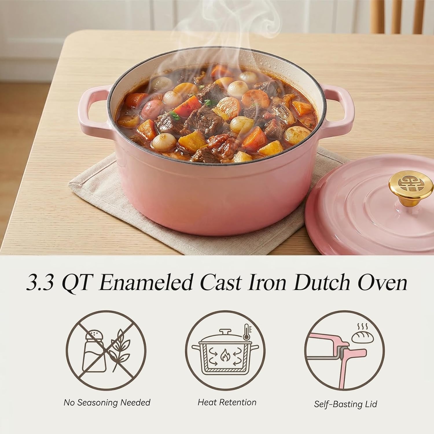 image:imageWANGYUANJI 33 Quart Enameled Cast Iron Dutch Oven with Lid 87Inch HeavyDuty Casserole amp Braiser Pan ThickWall Construction Silver Stainless Steel Knob Gradient Pink Safe for All Cooktops