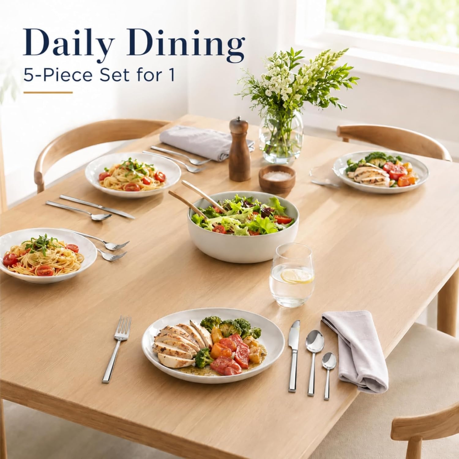 image:imageWANGYUANJI 5Piece Stainless Steel Flatware Set for 1 Knife 2Forks amp 2Spoons Dishwasher Safe MirrorFinish Silverware for Kitchen amp HomeModern