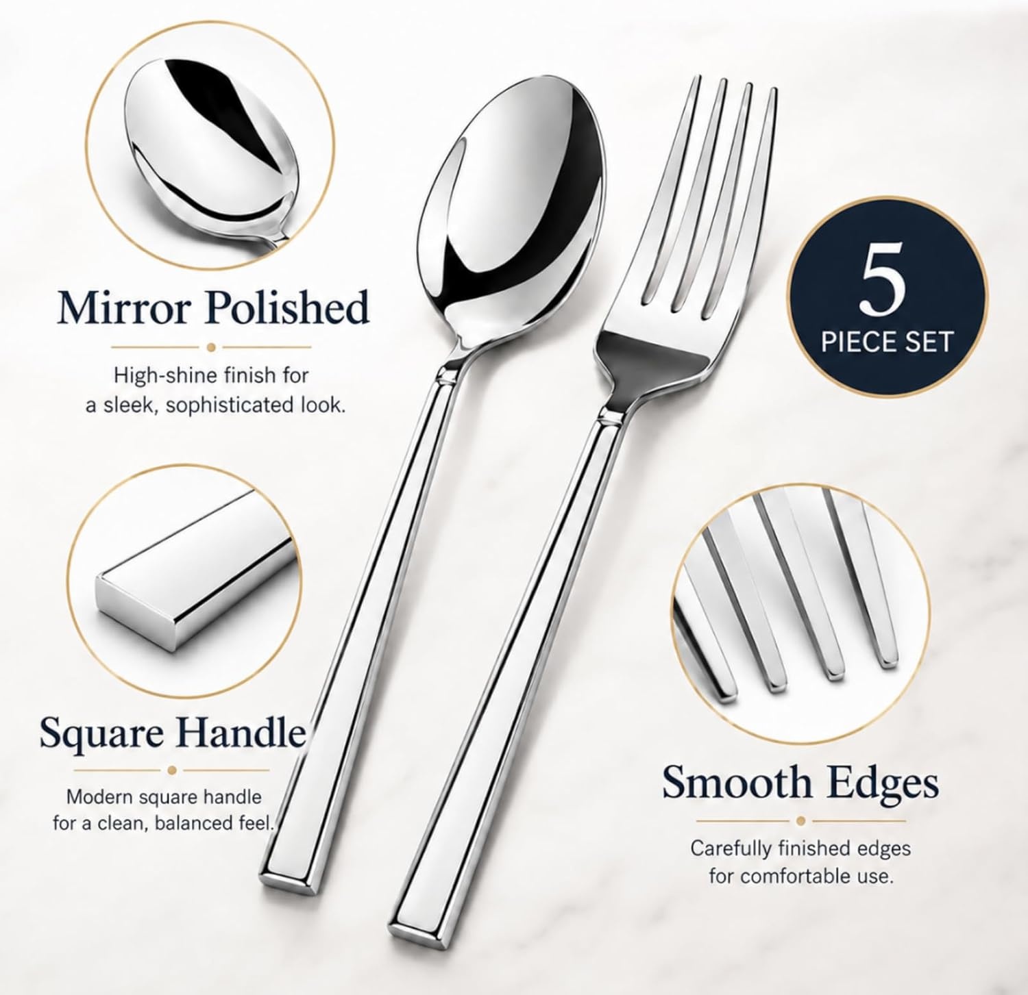 image:imageWANGYUANJI 5Piece Stainless Steel Flatware Set for 1 Knife 2Forks amp 2Spoons Dishwasher Safe MirrorFinish Silverware for Kitchen amp HomeModern