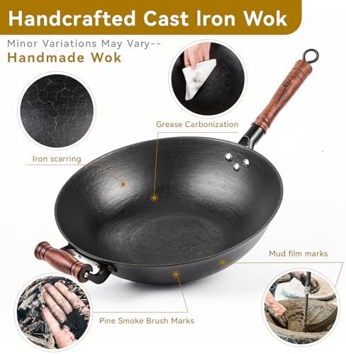 image:imageWANGYUANJI Stainless Steel Soup Ladle 142 Long HandleCast Iron Wok Pan 12 inch Flat Bottom with Wooden Handle and Lid