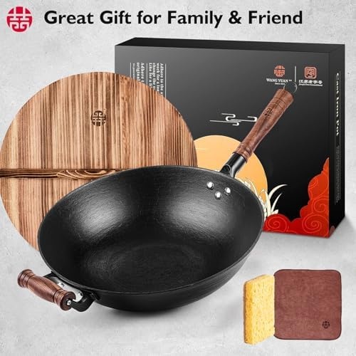 image:imageWANGYUANJI Stainless Steel Soup Ladle 142 Long HandleCast Iron Wok Pan 12 inch Flat Bottom with Wooden Handle and Lid