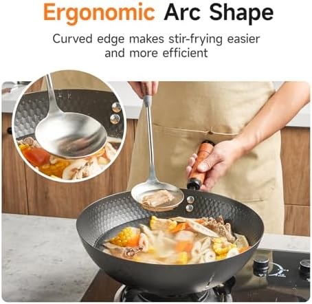 image:imageWANGYUANJI Stainless Steel Soup Ladle 142 Long HandleCast Iron Wok Pan 12 inch Flat Bottom with Wooden Handle and Lid