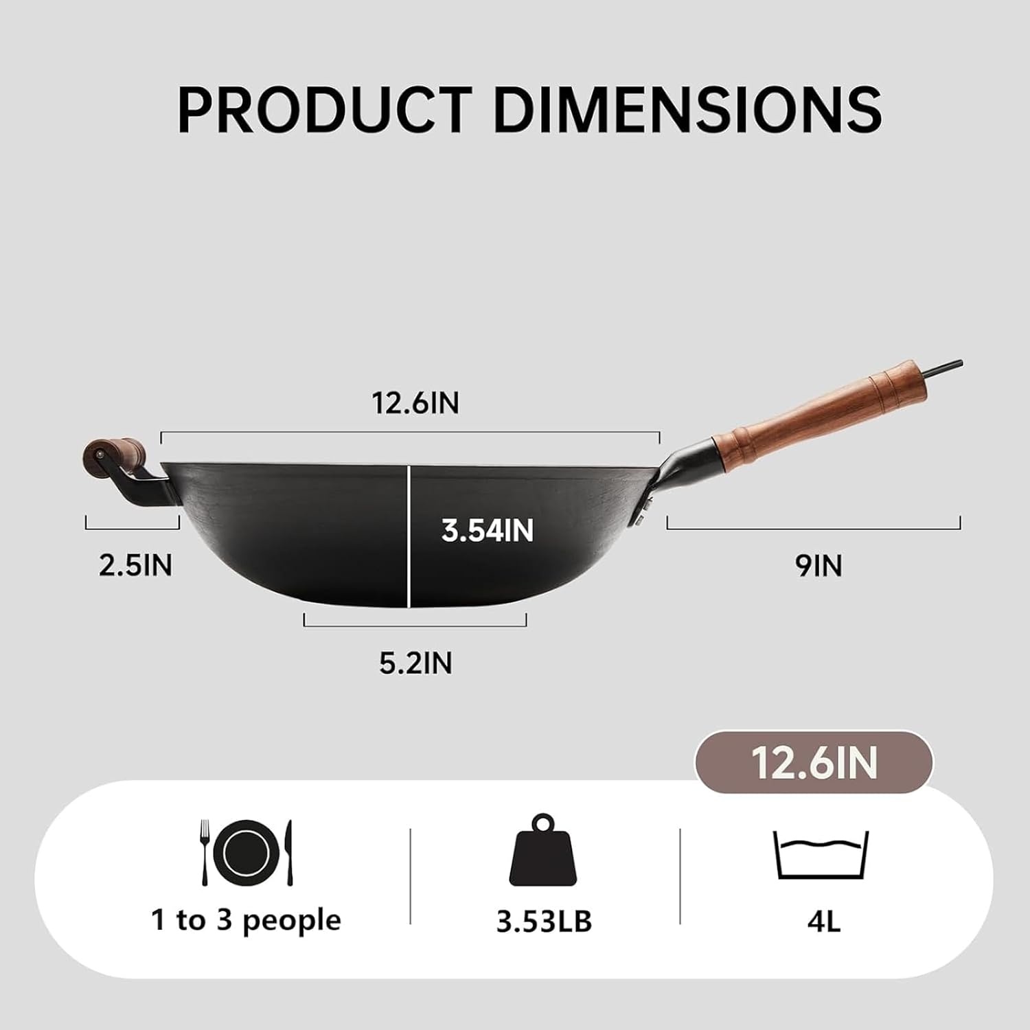 image:imageWANGYUANJI Stainless Steel Soup Ladle 142 Long HandleCast Iron Wok Pan 12 inch Flat Bottom with Wooden Handle and Lid