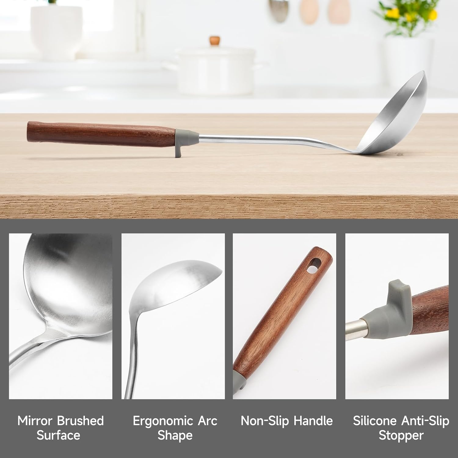 image:imageWANGYUANJI Stainless Steel Soup Ladle 142 Long HandleCast Iron Wok Pan 12 inch Flat Bottom with Wooden Handle and Lid