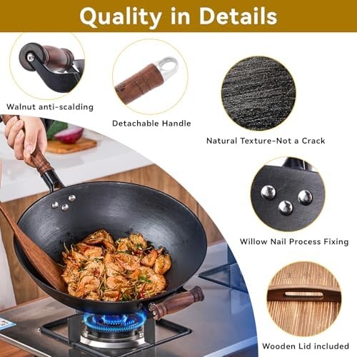 image:imageWANGYUANJI Stainless Steel Soup Ladle 142 Long HandleCast Iron Wok Pan 12 inch Flat Bottom with Wooden Handle and Lid