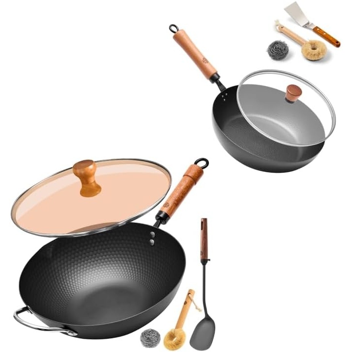 image:imageWANGYUANJI 11 Iron Skillet with Glass Lid amp Griddle Spatula FlatBottom Frying Pan126 Iron Wok with Lid and Iron Spatula
