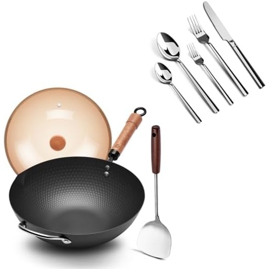 image:imageWANGYUANJI 126 Wok with Lid Flat Bottom Nonstick Wok Pan and 5Piece Stainless Steel Flatware Set MirrorFinish Silverware Place