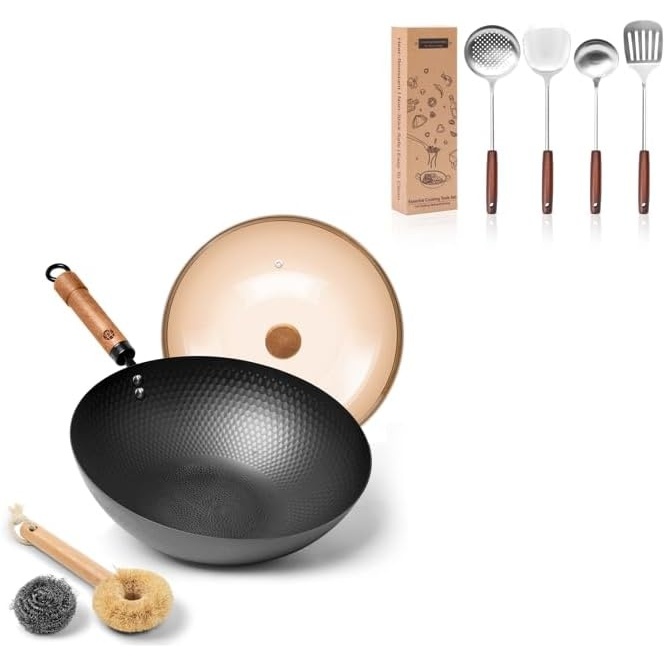 image:imageWANGYUANJI 126Inch Wok Pan with Lid Flat Bottom Wok and 4Piece Stainless Steel Kitchen Utensil Set