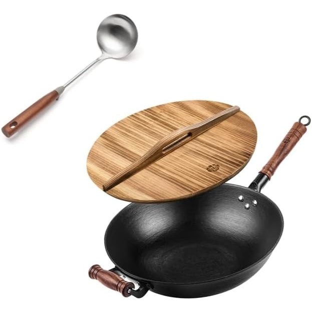 image:imageWANGYUANJI Stainless Steel Soup Ladle 142 Long HandleCast Iron Wok Pan 12 inch Flat Bottom with Wooden Handle and Lid