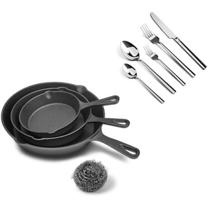 image:imageHeavyDuty Cast Iron Skillet Set  Durable Frying Pans for Stove and 5Piece Stainless Steel Flatware Set MirrorFinish Silverware Place Setting for 1  Knife 2 Forks amp 2 Spoons Dishwasher Safe