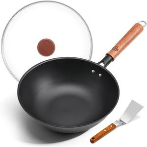 image:imageWANGYUANJI 10 Inch Small Carbon Steel Wok Pan with Glass Lid Lightweight Flat Bottom Stir Fry Pan Nitrided No Chemical Coating Wok for Induction Gas amp Electric 12 Servings10 inch
