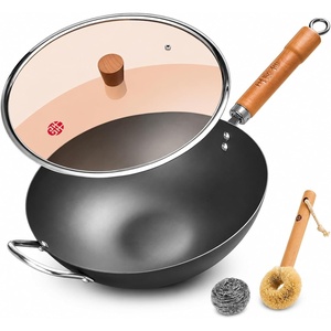 image:imageWANGYUANJI 10 Inch Small Carbon Steel Wok Pan with Glass Lid Lightweight Flat Bottom Stir Fry Pan Nitrided No Chemical Coating Wok for Induction Gas amp Electric 12 Servings134wok