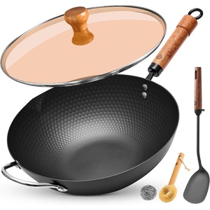 image:imageWANGYUANJI 10 Inch Small Carbon Steel Wok Pan with Glass Lid Lightweight Flat Bottom Stir Fry Pan Nitrided No Chemical Coating Wok for Induction Gas amp Electric 12 Servings126 inch  152inch