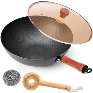 image:imageWANGYUANJI 10 Inch Small Carbon Steel Wok Pan with Glass Lid Lightweight Flat Bottom Stir Fry Pan Nitrided No Chemical Coating Wok for Induction Gas amp Electric 12 Servings126inch