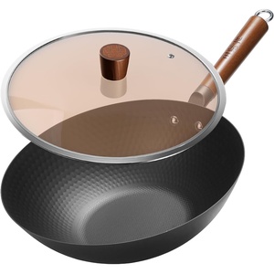 image:imageWANGYUANJI 10 Inch Small Carbon Steel Wok Pan with Glass Lid Lightweight Flat Bottom Stir Fry Pan Nitrided No Chemical Coating Wok for Induction Gas amp Electric 12 Servingsbk126