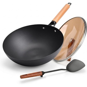 image:imageWANGYUANJI 10 Inch Small Carbon Steel Wok Pan with Glass Lid Lightweight Flat Bottom Stir Fry Pan Nitrided No Chemical Coating Wok for Induction Gas amp Electric 12 Servings126BK