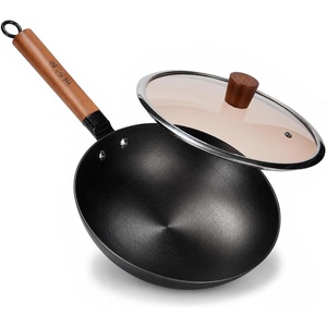 image:imageWANGYUANJI 10Inch Cast Iron Wok Pan with Glass Lid PreSeasoned Cast Iron Skillet with Detachable Wood Handle Flat Bottom Frying Pan for Eggs Steak amp Stir Fry Gas Electric Ceramic amp Induction10 inchcast iron