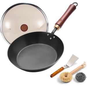 image:imageWANGYUANJI 11 Iron Skillet with Glass Lid amp Griddle Spatula FlatBottom Frying Pan Uncoated amp Unseasoned InductionGasElectric Compatible Wooden Handle Seasoning Requiredblack102inch