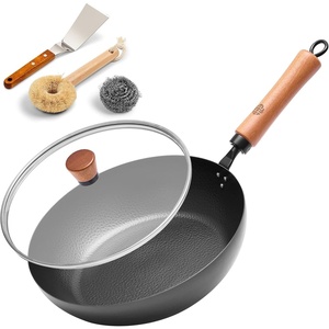 image:imageWANGYUANJI 11 Iron Skillet with Glass Lid amp Griddle Spatula FlatBottom Frying Pan Uncoated amp Unseasoned InductionGasElectric Compatible Wooden Handle Seasoning Requiredblack11inch