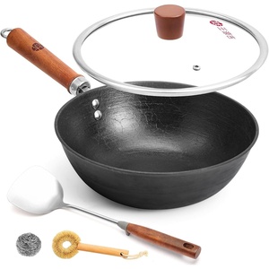 image:imageWANGYUANJI 126 Cast Iron Wok with Wood Lid Traditional Uncoated Flat Bottom Chinese Stir Fry Pan Heavy Duty HandCast Wok for Induction Gas amp Glass Top Stoves 4 QtBlack