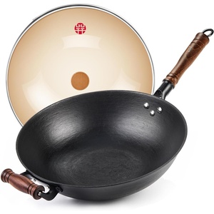 image:imageWANGYUANJI 126 Inch Cast Iron Wok with Wooden Lid Handcrafted Flat Bottom Chinese Stir Fry Pan Uncoated HeavyDuty Iron Wok for Induction Gas Electric amp Ceramic Stoves133 Inch