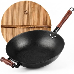 image:imageWANGYUANJI 126 Inch Cast Iron Wok with Wooden Lid Handcrafted Flat Bottom Chinese Stir Fry Pan Uncoated HeavyDuty Iron Wok for Induction Gas Electric amp Ceramic Stoves134 InchWooden Lid