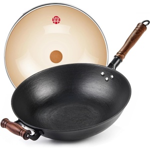 image:imageWANGYUANJI 126 Inch Cast Iron Wok with Wooden Lid Handcrafted Flat Bottom Chinese Stir Fry Pan Uncoated HeavyDuty Iron Wok for Induction Gas Electric amp Ceramic Stoves125 Inch