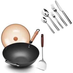 image:imageWANGYUANJI 126 Wok with Lid Flat Bottom Nonstick Wok Pan and 5Piece Stainless Steel Flatware Set MirrorFinish Silverware Place